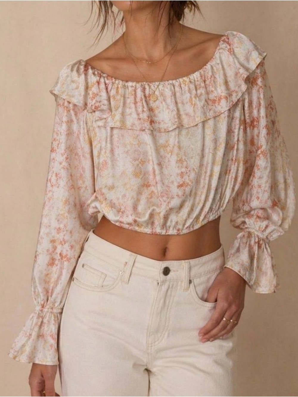 Savanna Jane off-the-shoulder peach snakeskin satin ruffle crop top medium new